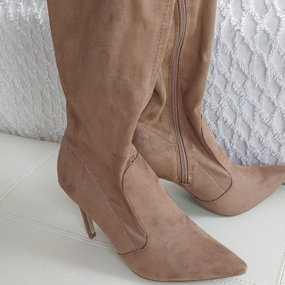 Over The Knee Tan Faux Suede Stiletto Heel Boots - Picture 4 of 9